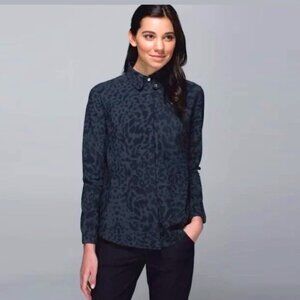 LULULEMON Day Trip Button Down Shirt Top Blouse Stretch Leopard Grey Women's 10